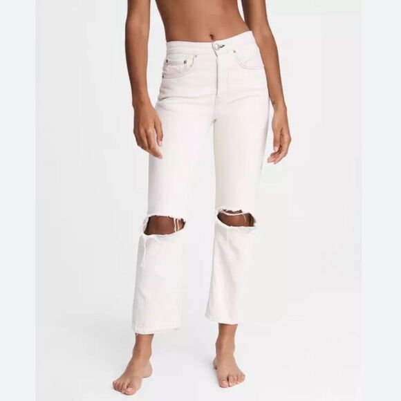 Rag & Bone Maya High-Rise Straight Jeans - Ecru with holes Distressed Size 27 - Picture 2 of 12